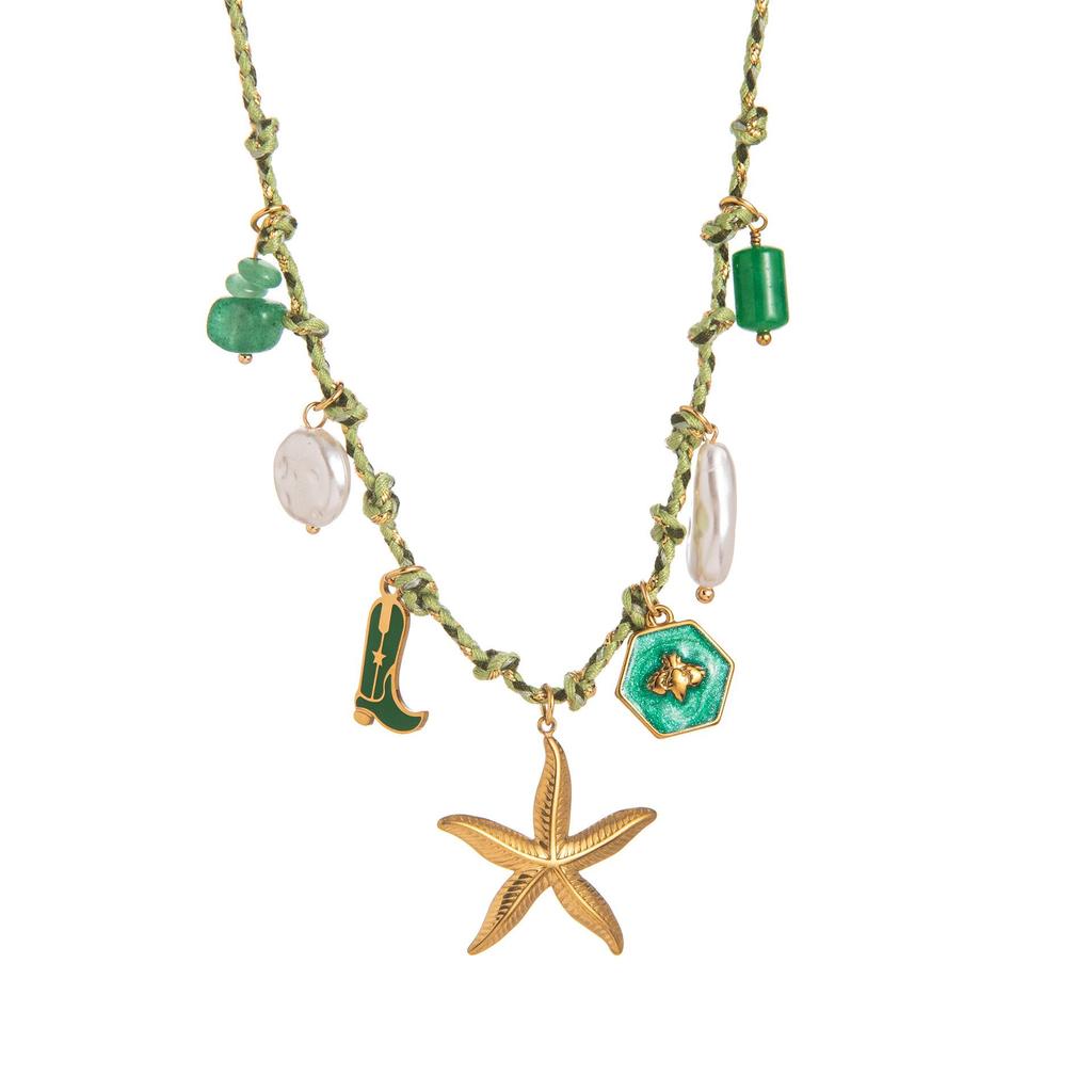 Collar de Perlas de Dopamina en Forma de Corazón con Colgante de Estrella de Mar Multicolor en Acero Inoxidable.