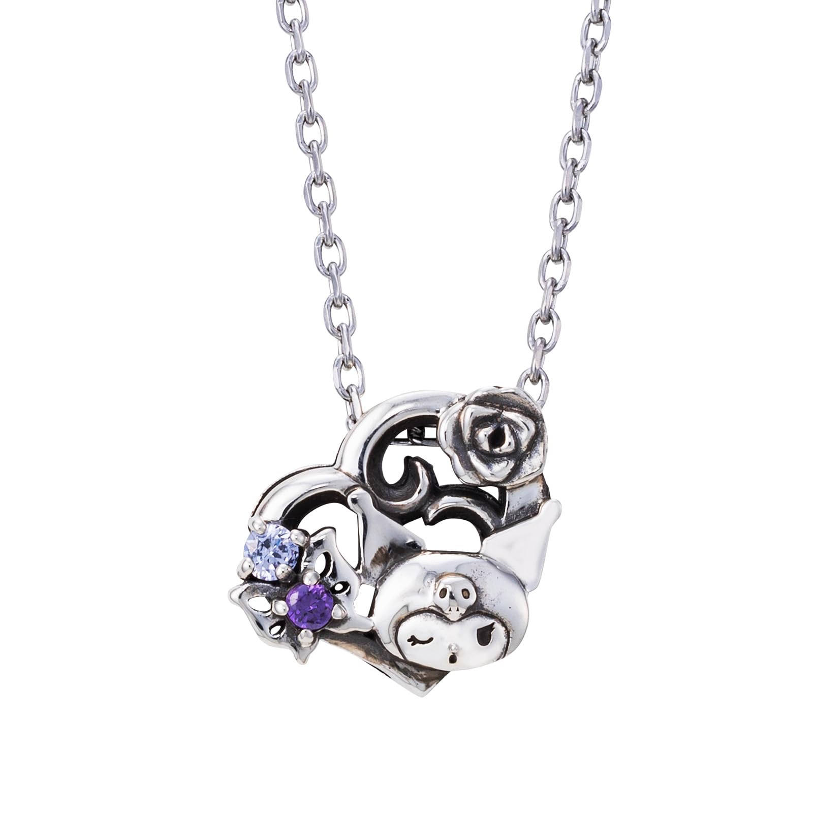 

White Clover Kuromi Silver Surgical Stainless Steel Cubic Smoked Sanrio Necklace, 40cm, 925, 316L, Zirconia, Heart, Characters, SAKU-N054, Women s білий