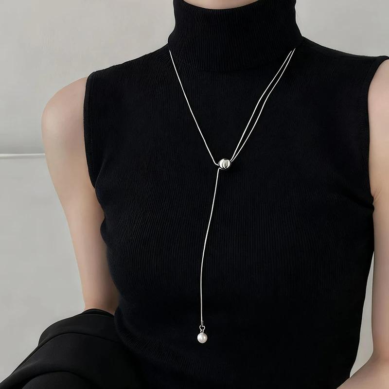 Stainless Steel Y2K Long Tassel Pulling Neckalce Women Metal Round Ball Pearl Long Sweater Chain Necklace Waterproof Jewelry