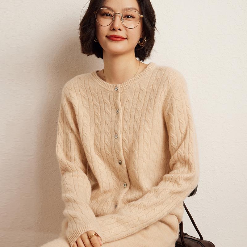 

Женский кардиган из утолщенного кашемира с перекрученной вязкой, круглый вырез, длинный рукав, свободный повседневный стиль для осени и зимы L