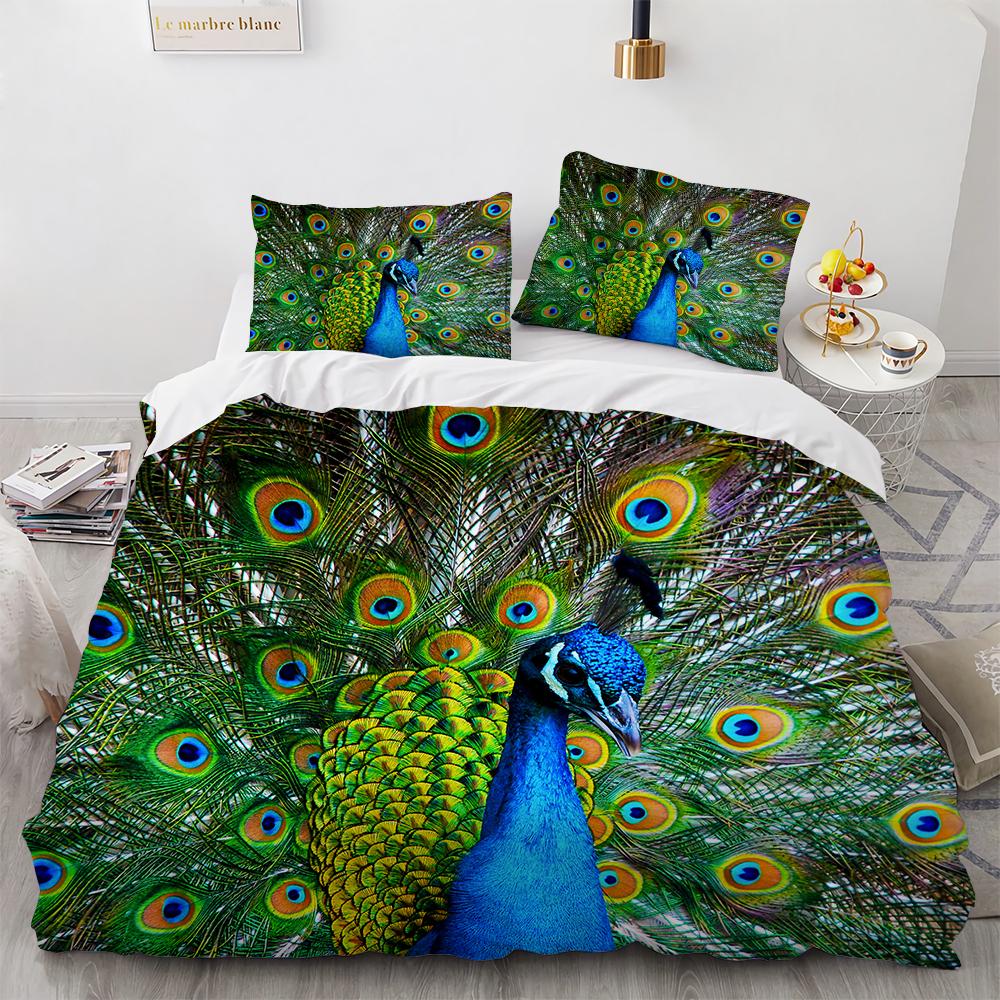 Juego de Funda Nórdica de Pavo Real Microfibra Preciosa Pluma Azul Funda de Edredón Flor Rosa Suave 2/3 Piezas Aves Tema Animal Funda de Edredón