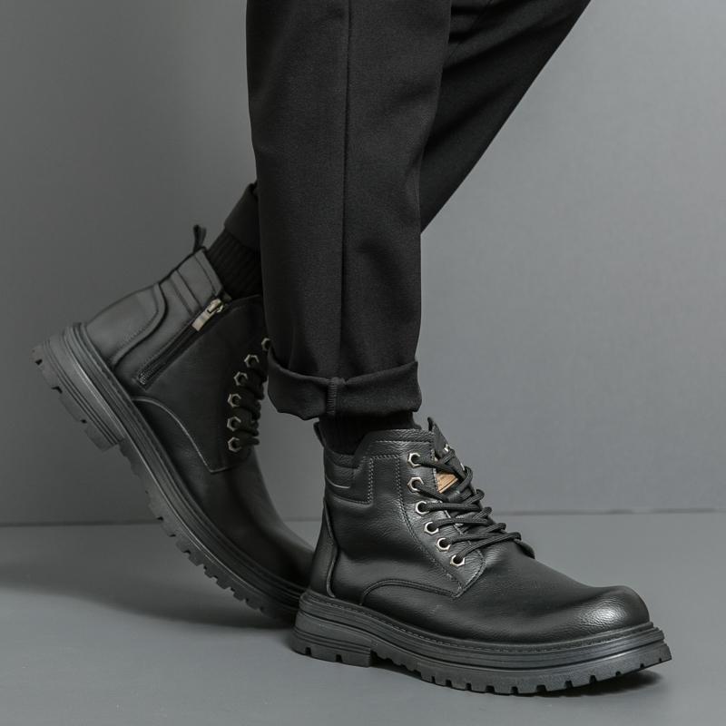 FashionBrand Leather Fashion Motorcycle Boots Men Lace-Up Male Ankle Boots Men's Casual High Top Shoes New All-match Men Walking Shoes