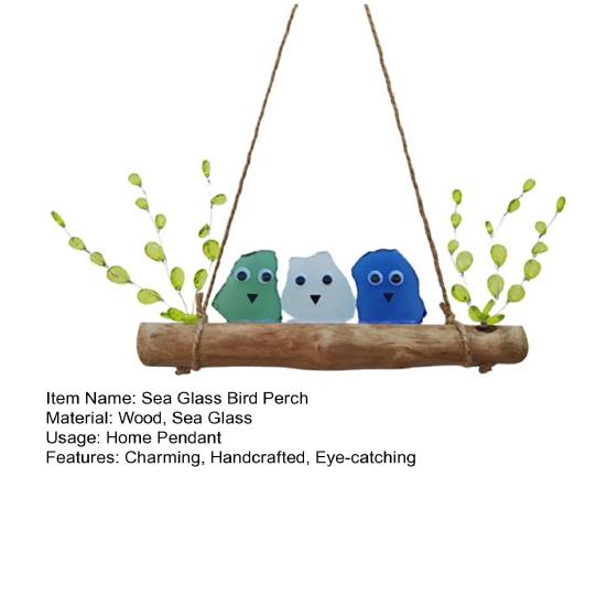 Colorful Sea Glass Bird Perch Handmade Sea Glass Birds on Branch Wall Art for Coastal Home Garden Window Hanging