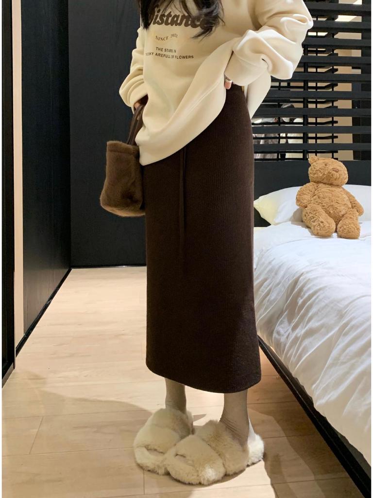 Women's High-Waist Fleece Knit Midi Skirt, Autumn/Winter 2025 Style: Thick, Loose, Drawstring, Straight Fit