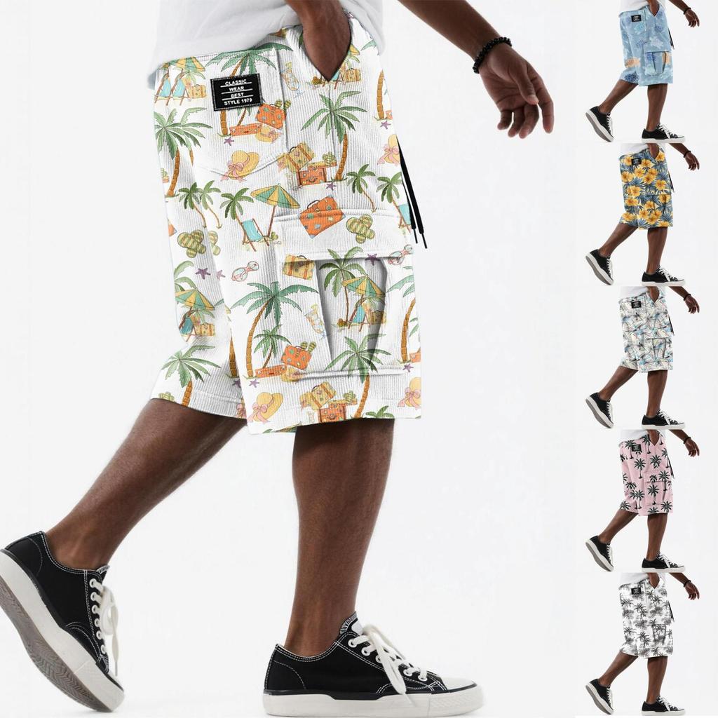 Men's Hawaiian Print Drawstring Knee Length Shorts with Multiple Pockets, Casual