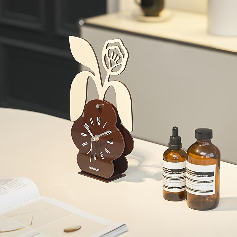 Floral Desktop Clock , Silent Non Ticking Battery Operated, Artificial Wood with Deep Brown Base , White Floral Design, Irregular Shape for Bedroom