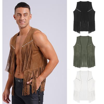 Herenvest met kwastjes, imitatiesuède, open voorkant, mouwloos western cowboyvest