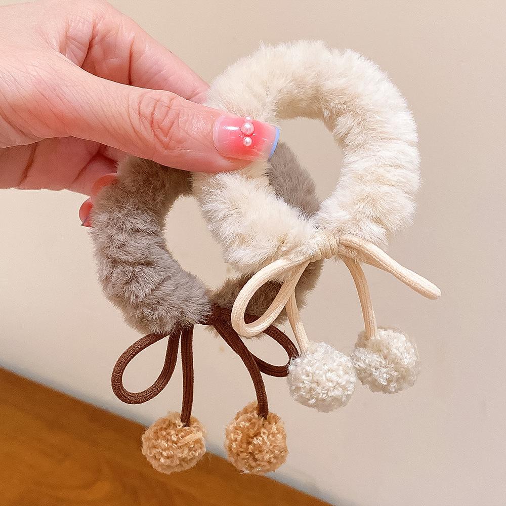 High Elastic Lamb Hair Ball Hair Ring Cute Girl Bow Hair Ring Plush Ball Head Hair Accessories