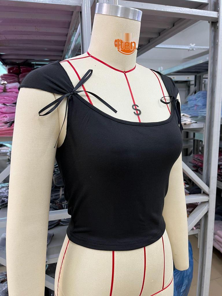 2026 European Summer Square Neck Sleeveless Bow Knot Cropped Sexy Tank Top for Women