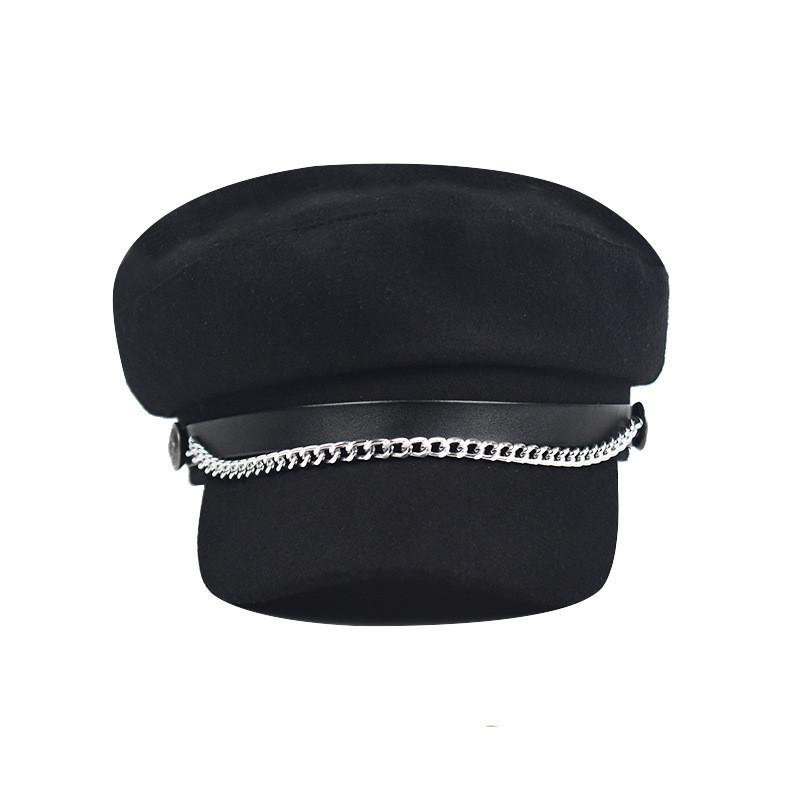 Women Solid Color Stylish Beret Cap Chain Decor Winter Spring Wear Travel Hat