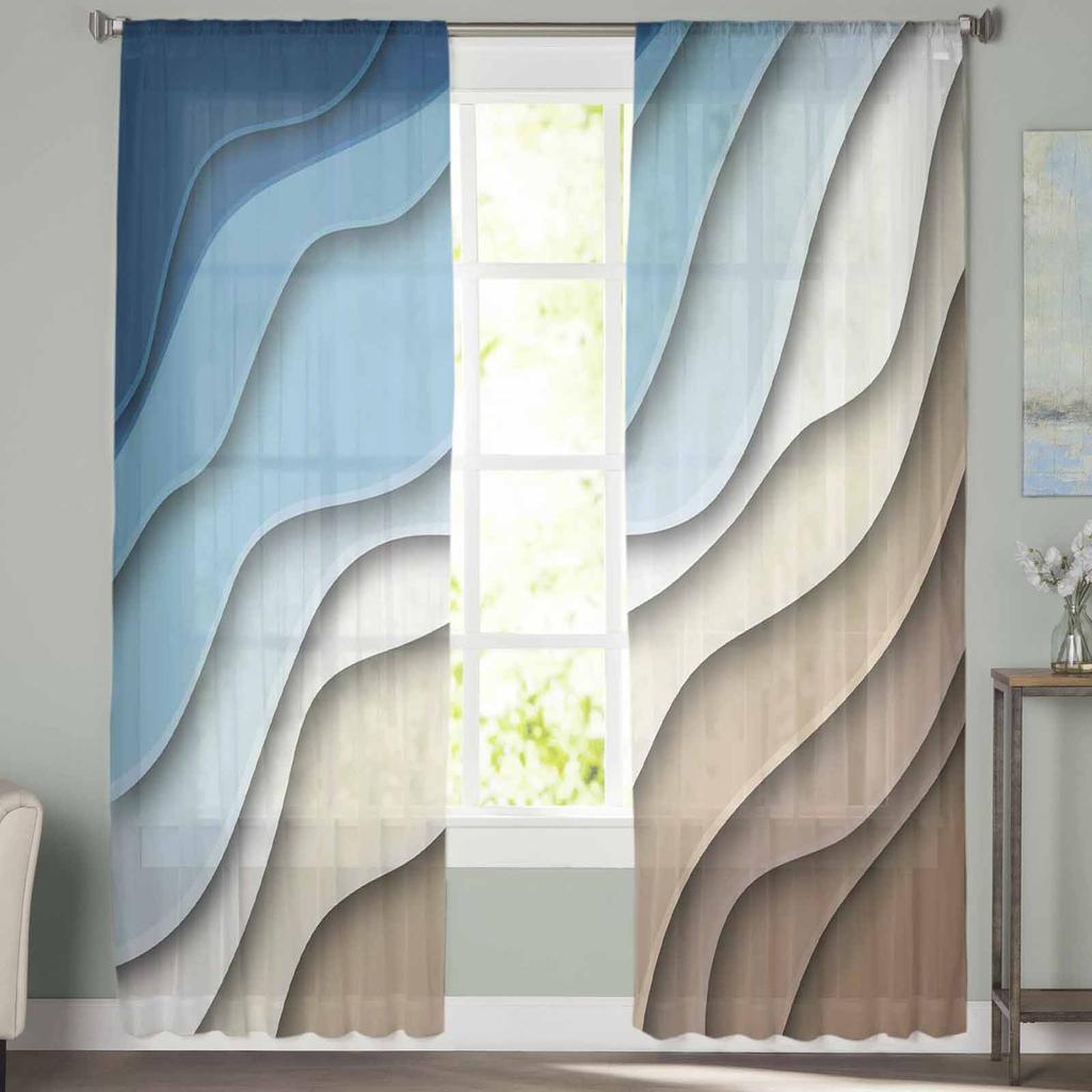 Blue Brown Gradient Geometric Abstract Sheer Window Curtains For Living Room Kitchen Children Bedroom Voile Hanging Curtain