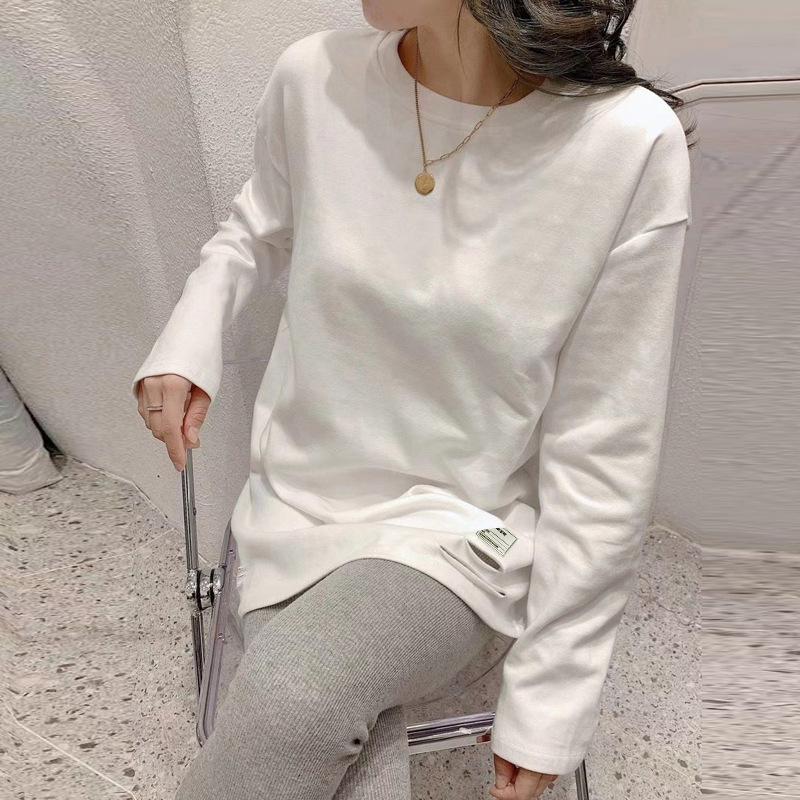 Sottogiacca felpa bianco velluto da donna, stile autunno e inverno, versatile maglietta a maniche lunghe in puro cotone, stile lungo ampio