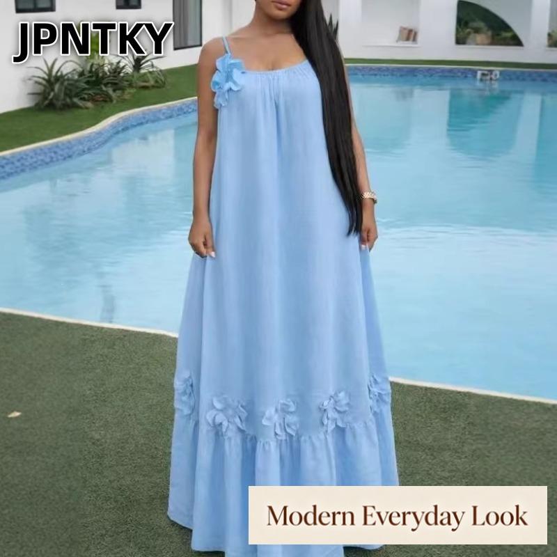 JPNTKY Fashion Summer Spring Solid Color Print Sleeveless U-Neck Casual Dresses