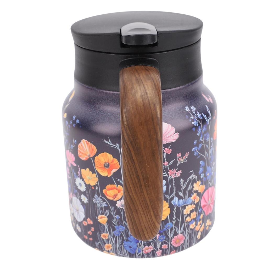 Isolierte Teekanne mit Deckel 1000ml Edelstahl Tragbare Vakuum Heißkaffeekanne mit Holzmaserung