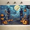 1 piece of Halloween polyester background cloth - skull pumpkin lantern and full moon design Halloween decoration