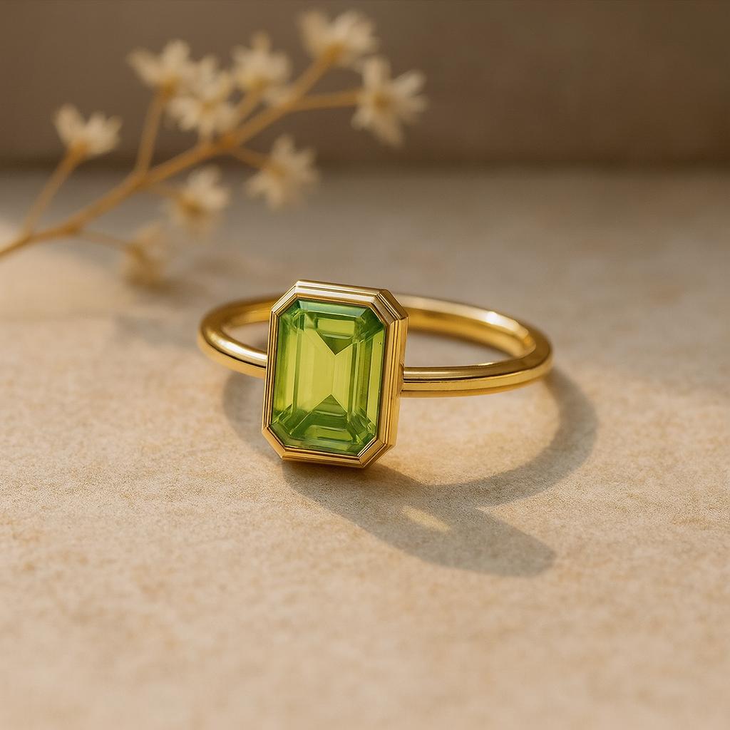 Emerald Cut Green Peridot Stone Gold Plated Ring for Women – Elegant Fashion Jewelry