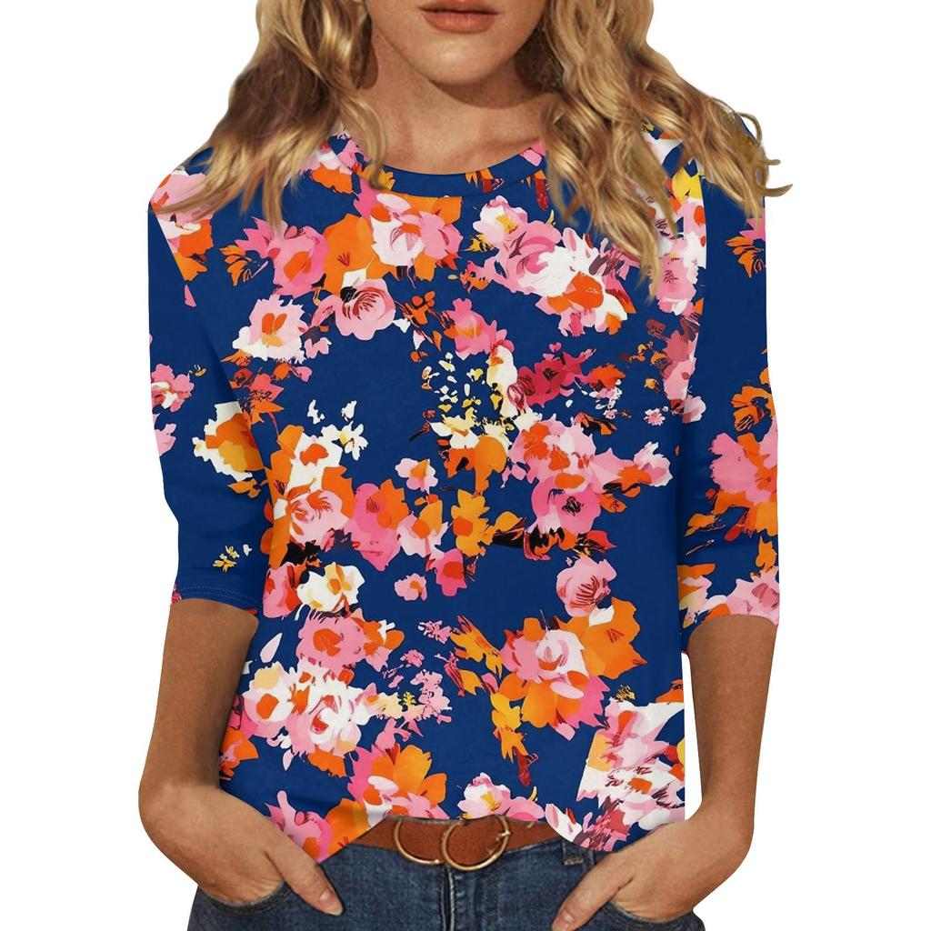 Koszule z rękawami 3/4 dla kobiet Śliczne nadruki Koszulki z nadrukami Bluzki Casual Plus Size Podstawowe topy Pulower