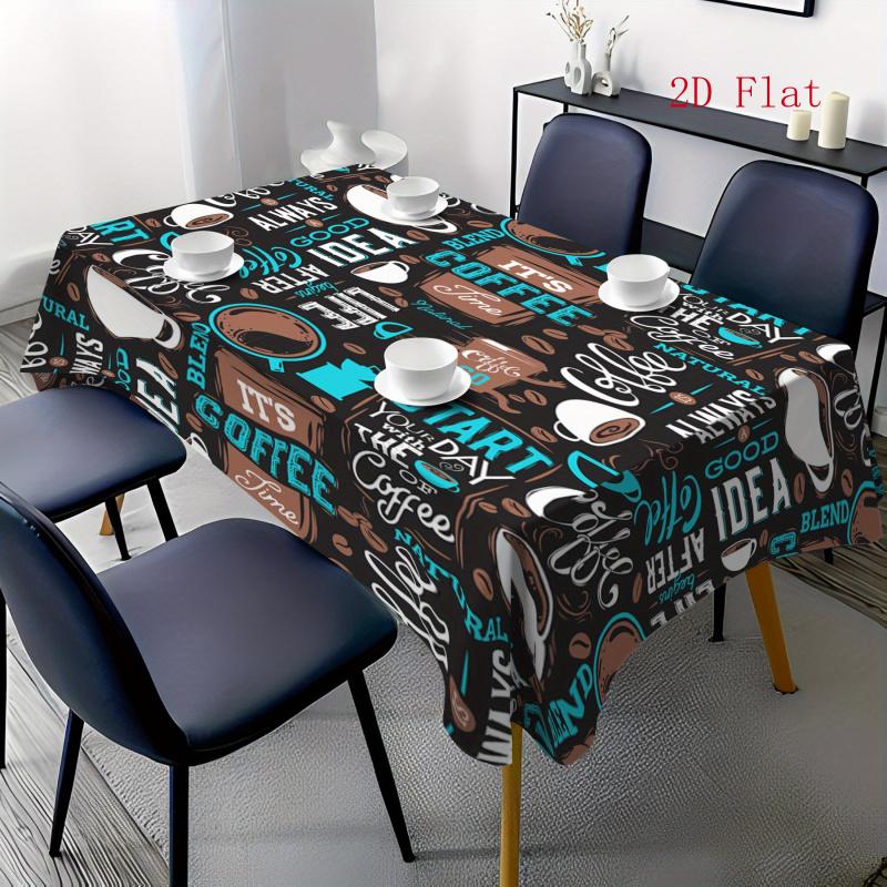 2D Flat 1pc- Fashionable Coffee-themed Rectangular Tablecloth- Made of Polyester, Suitable for Family Gatherings and Parties, Easy-care Design, Coffee