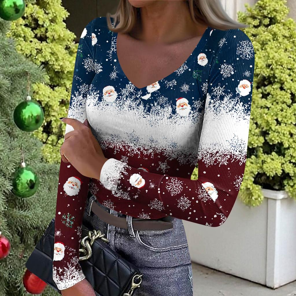 Dámské zimní přiléhavé základní tričko Módní vánoční potisk Výstřih do V Pulovr Top s dlouhým rukávem