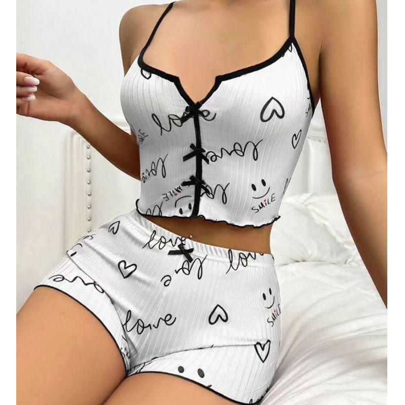 Sexy Sling Vest Pajamas Women's Suit Summer New Arrival Silm Slim Looking Fancy Heart Peach Pattern Homewear