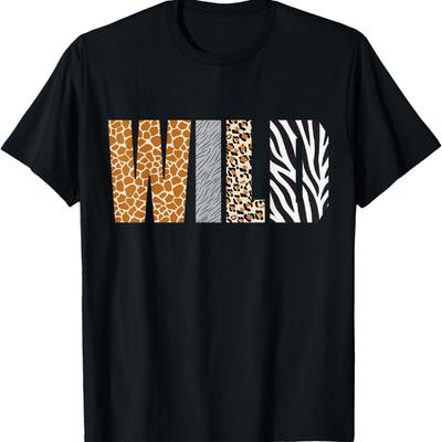 Wild Animal Pattern Giraffe Wolf Leopard Zebra Animal Print T-Shirt