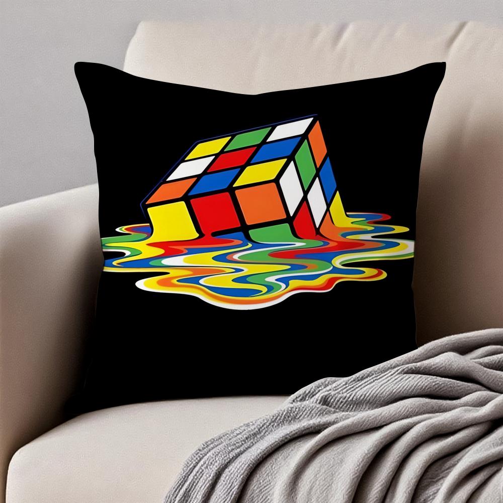Creative Magic Cube Puzzle Design Art Cushion Cover Pillowcase Antidustmite Invisible Zipper Short Plush Sofa Cushion