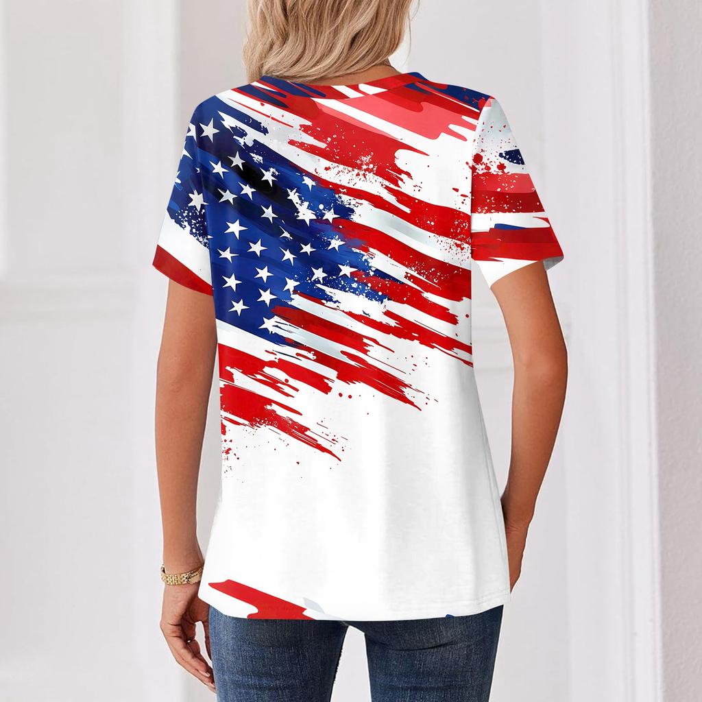 Women's T Shirt Independence Day Print Button Short Sleeve Daily Weekend Fashion Basic V- Neck Regular Top