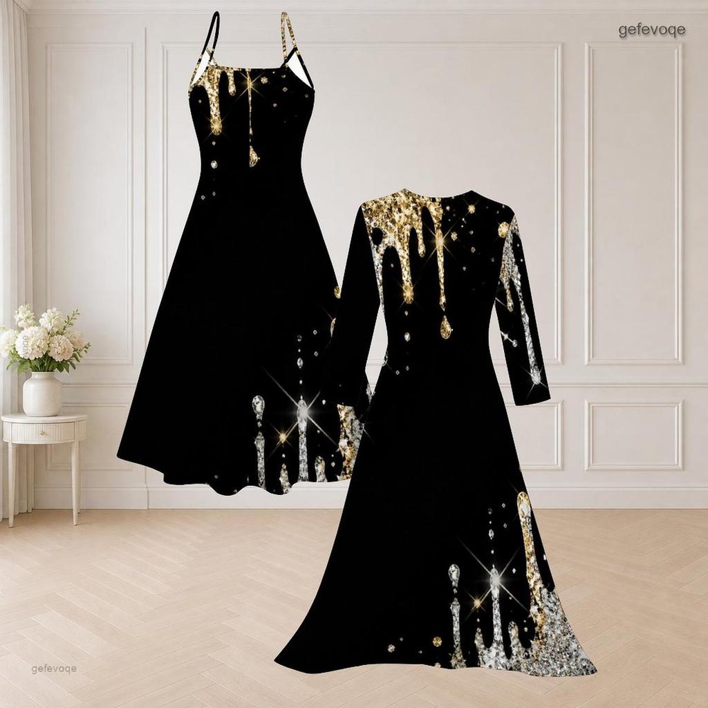 Women Plus Size Black Gold Printed Two Piece Set Long Sleeve Open Front Cardigan Strappy V Neck Flared Dress