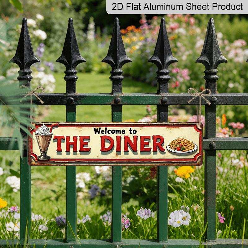 2D Flat 1pc Vintage "Welcome To The Diner" Metal Sign - Farmhouse Style American Diner Alumium Decorative Sign, Wall Hanging, 3.9X15.7 Inch, for