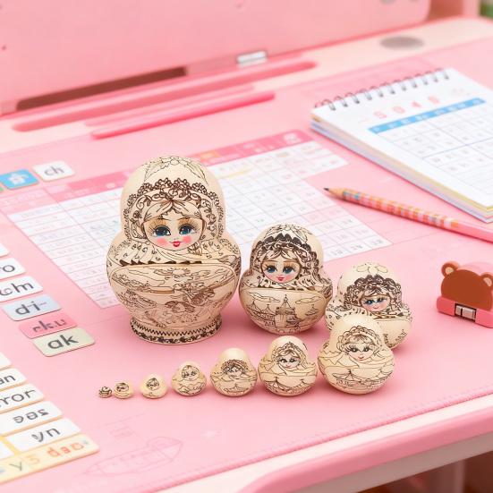 10Pcs/Set Handmade Russian Nesting Doll 10 Layers Kids Wooden Matryoshka Doll Retro Girl Stacking Toy Desktop Decoration Ornament