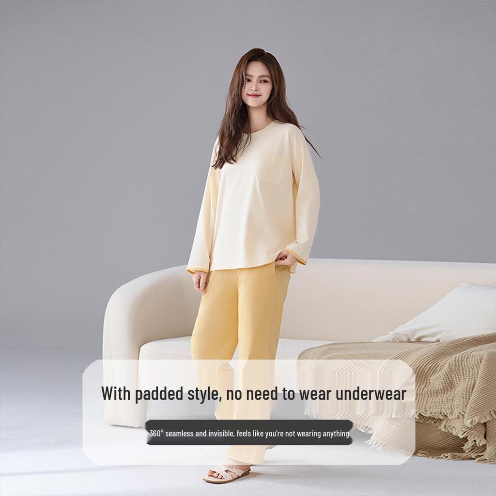 Women's Pure Cotton Pajamas with Chest Pad - Long Sleeve, Plus Size, for Autumn/Winter. Wearable Outdoors, Loose Fit Homewear.
