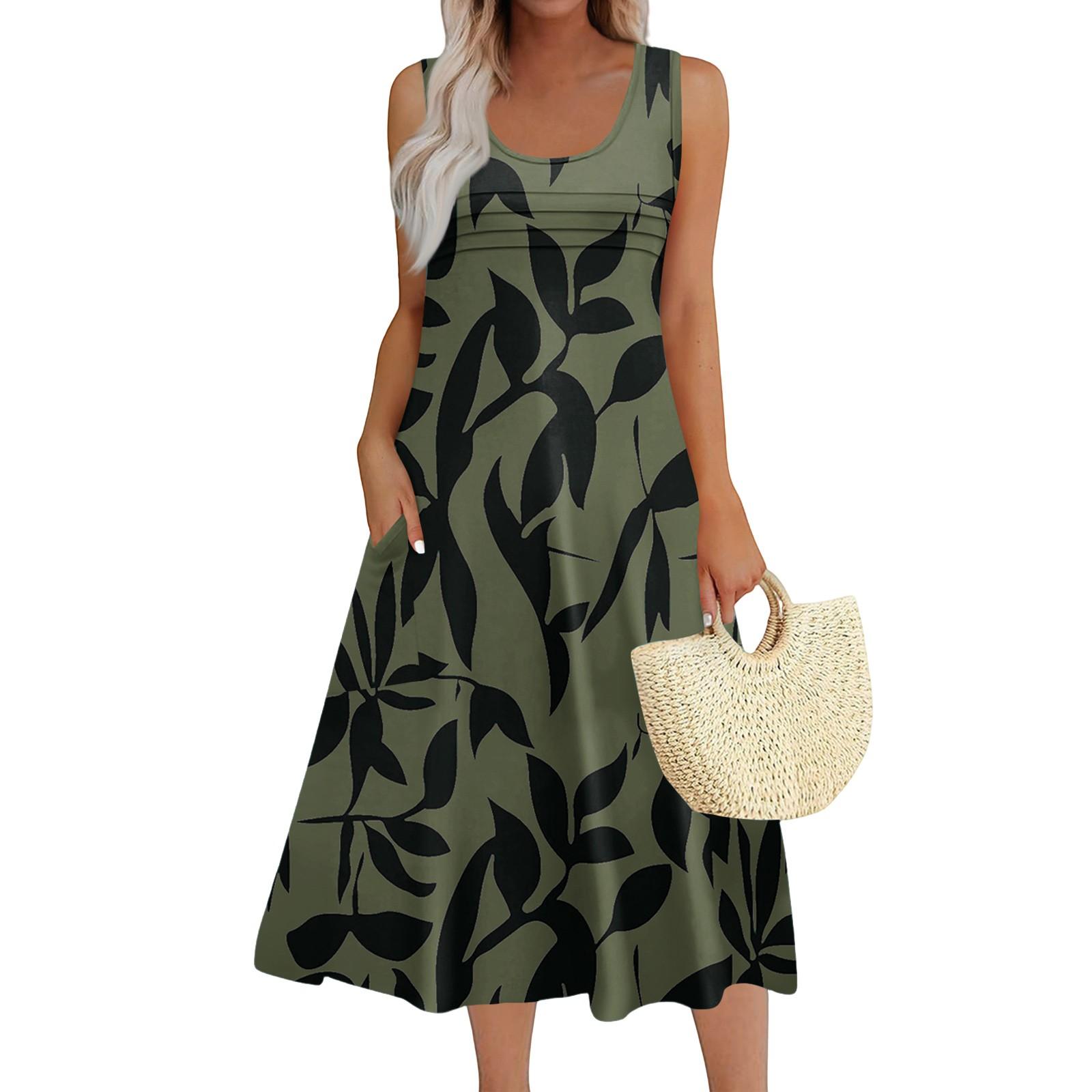 

Женское модное пляжное платье без рукавов с круглым вырезом и карманами, длинные цветочные платья L