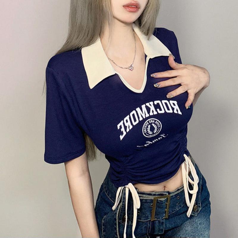 Summer Women Sexy Short Sleeve T-shirt Street Korean Clothing New Short Tees Drawstring Slim Contrast Letter Graphic Crop Tops
