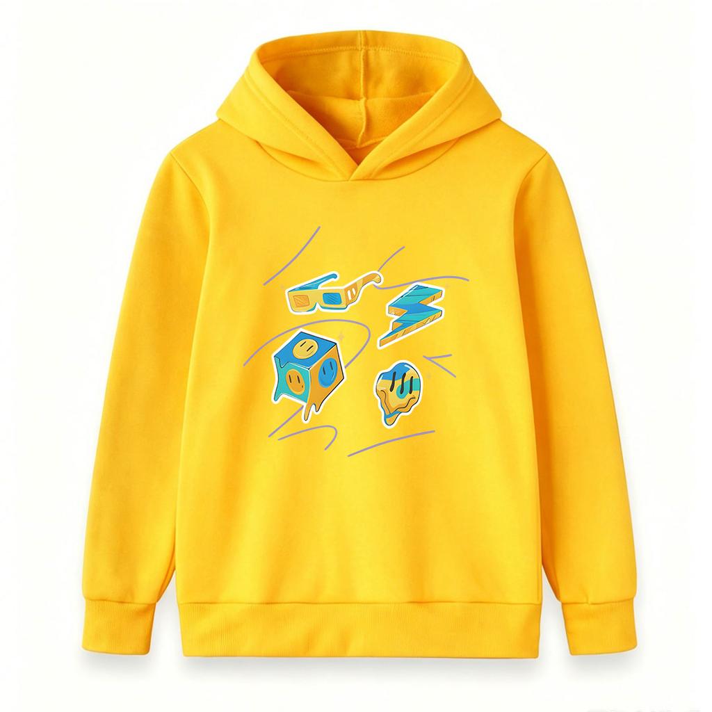 Kids Boys Girls Pullover Hoodie, Cool Retro 3D Glasses Lightning Melting Smiley Dice Print Casual Long Sleeve Hooded Sweatshirt for Daily Street Wear