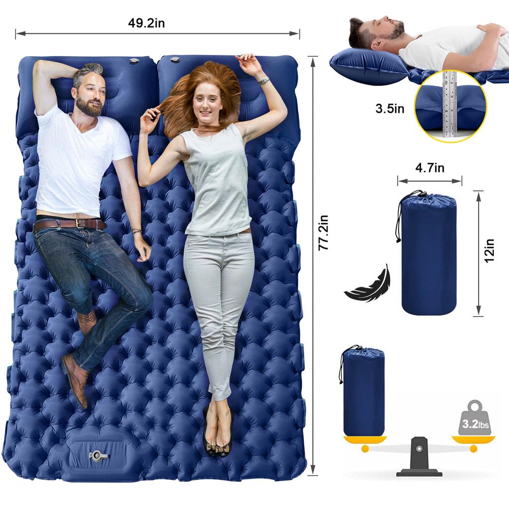 Double Sleeping Pad for 2 Person, Thick Inflatable Camping Mat with Built-in Foot Pump & Pillow, Compact Air Mattress for Hiking, Backpacking, Tent