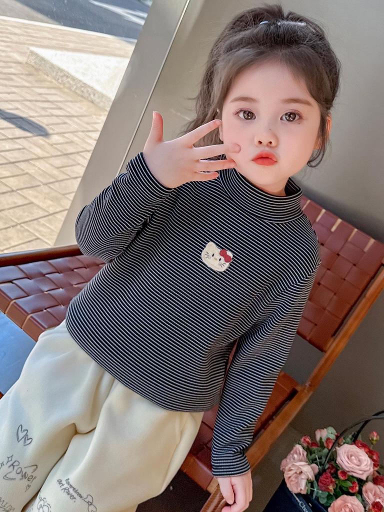 Girls' Fleece-Lined Long-Sleeve T-Shirt - Autumn/Winter Semi-High Collar Top