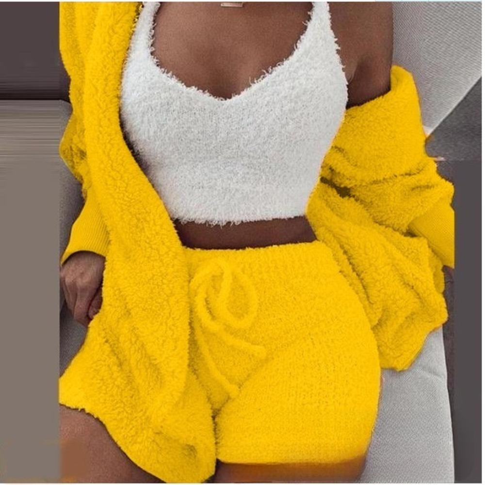 Women's Loose Fit Three Piece Loungewear Long Sleeve Fuzzy Cardigan V Neck Tank Drawstring Waist Shorts Winter Solid Tracksuit
