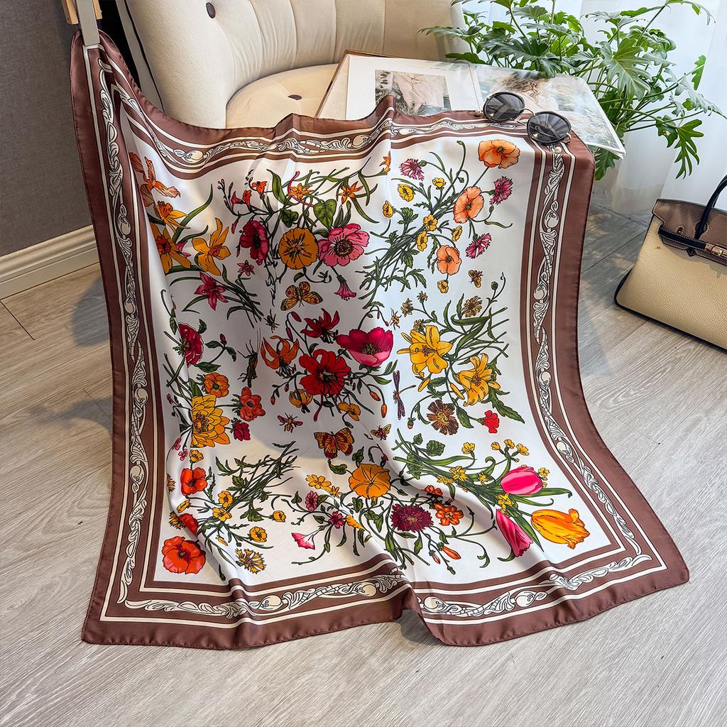 Spring And Summer Floral Design 90*90Cm Women Scarf Sunscreen Foulard Shawl Hijab Female Hair Hijab Wraps Neckerchief Bandanda
