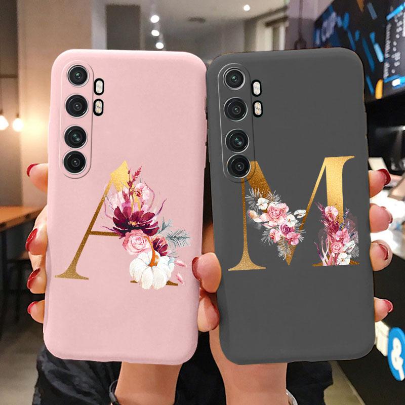 Letter Case For Xiaomi Mi Note 10 Lite Back Cover Retro Flowers Pink Black Soft TPU Initial Fundas For Xiaomi Note10 Lite Coque
