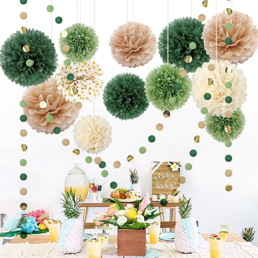 Dark Green Honeycomb Paper Flower Ball Set for Party, Wedding, or Event Decoration - 15 Pieces