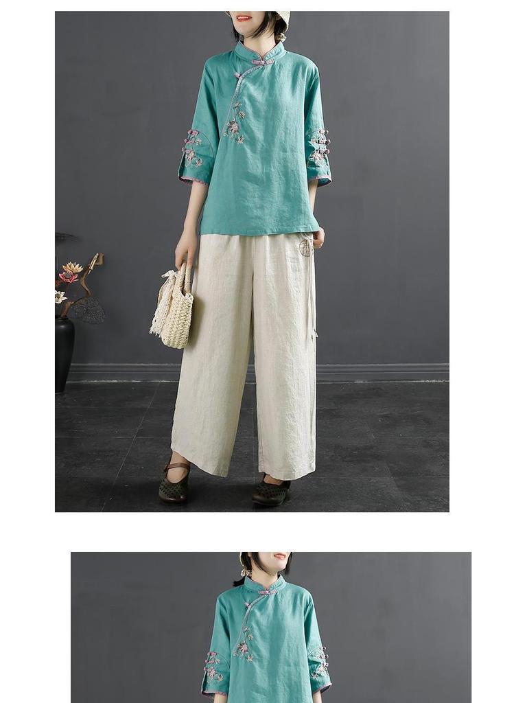 2024 Retro Chinese-Style Embroidered Cotton Linen Shirt - Women's Spring/Summer Stand-up Collar Top