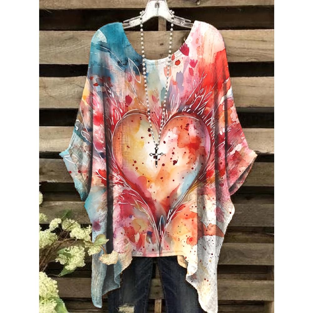Bohemian Top for Women Elegant Colour Floral Graphics Design Round Neck Irregular Hem Women Casual Fashion Women Vacation Tops