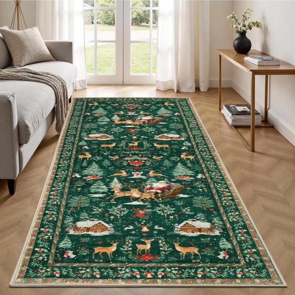 Christmas Runner Rug Non-Slip Winter Holiday Festive Floor Mat Soft Christmas Tree Santa Claus Carpet for Indoor Bedroom Dining