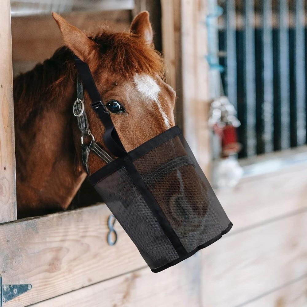 Mehrfarbiger Auslaufsicherer Pferdefutterbeutel Elastisch Verstellbar Weide-Maulkorb Netz Atmungsaktiv Heufuttertasche Weidegang