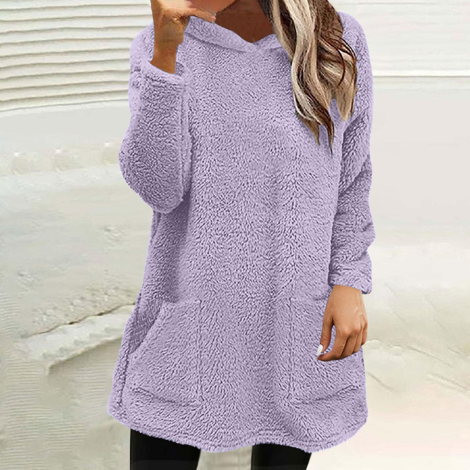 Womens Fuzzy Fleece Pullover Double Hoodies Ladies Warm Tops Winter Cozy Sweatshirt With Pockets XL 2097₽