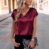 2026 Women's V-Neck Satin T-Shirt - Solid Color, Spring/Summer European American Style, Casual Business Pullover.