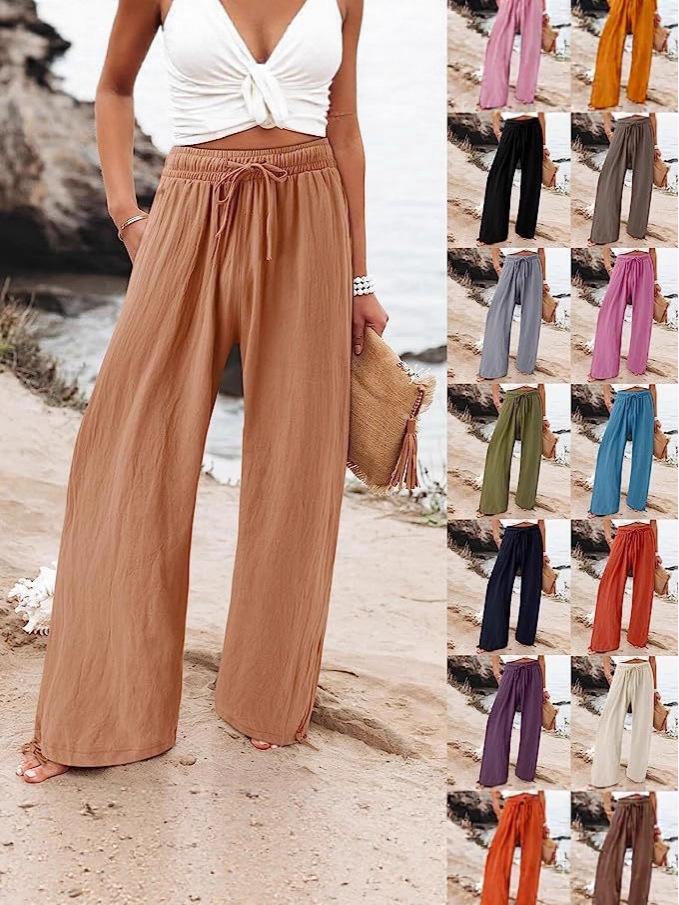 Bohemian Solid Color Drawstring Beach Pants - New Loose Casual Trousers