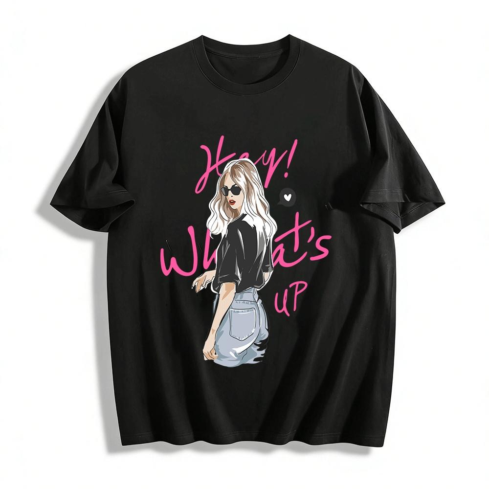 

Hey What s Up Graphic Tee Casual Loose Fit Streetwear Top For Women Pure cotton T-shirt XXS