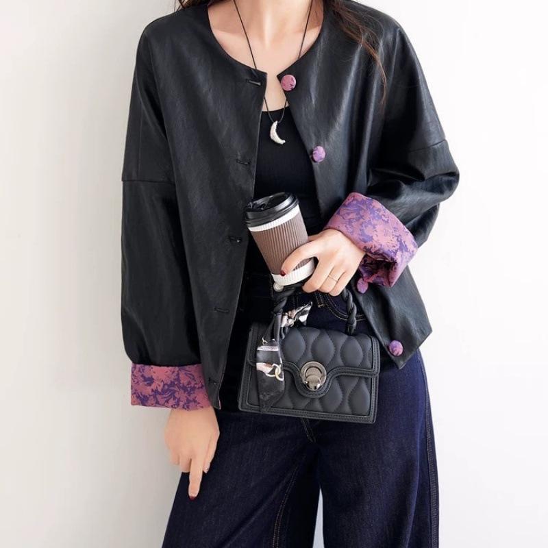 Women's 2025 Retro Chinese Jacquard Stitch Leather Jacket - Elegant PU Leather Casual Top