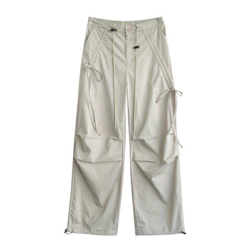 Bow overalls women's spring new paratrooper pants high waist wide legs thin lace-up casual sports pants